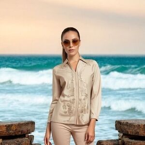 Elie Tahari Beige Floral Embroidered Leather Blazer Shirt Hybrid Womens Size S